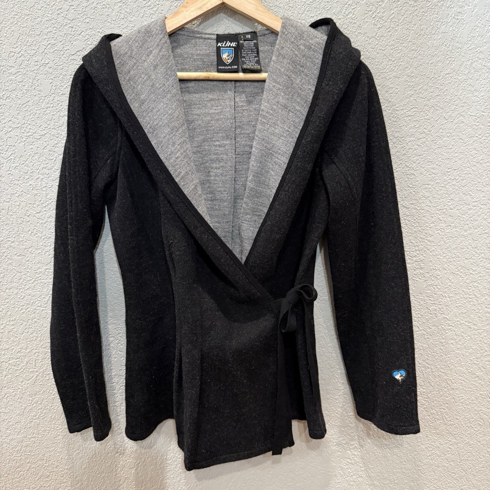 Kühl Royale Hooded Wrap Jacket 100% Merino Wool XS Gray Black